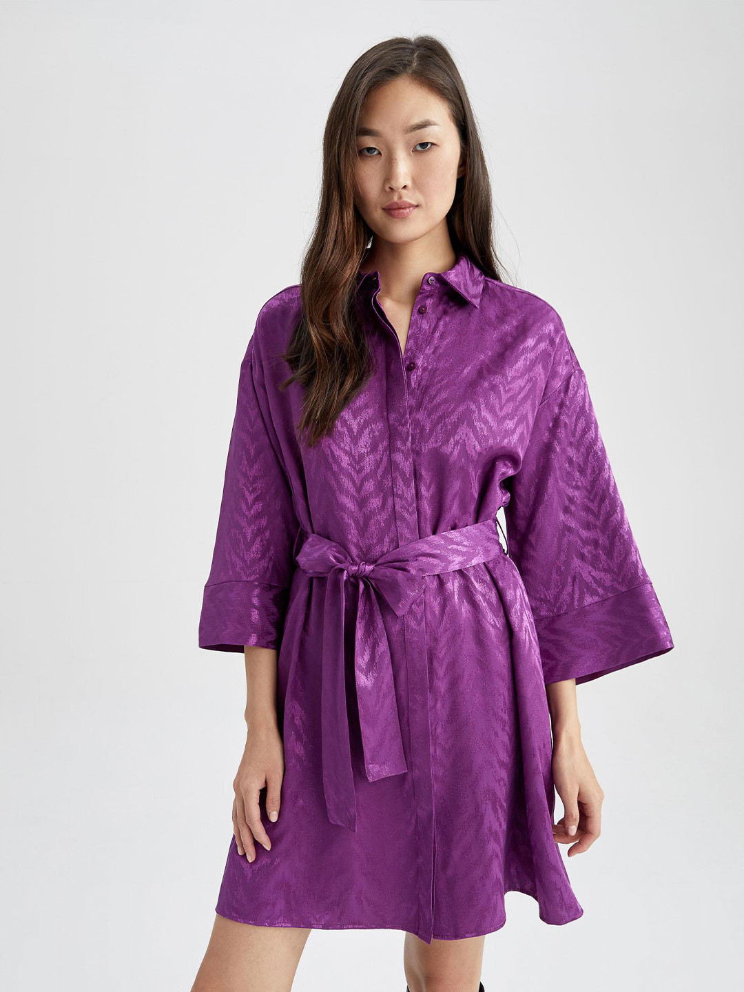

DeFacto Self Design Tie-Up Detail Shirt Dress, Purple