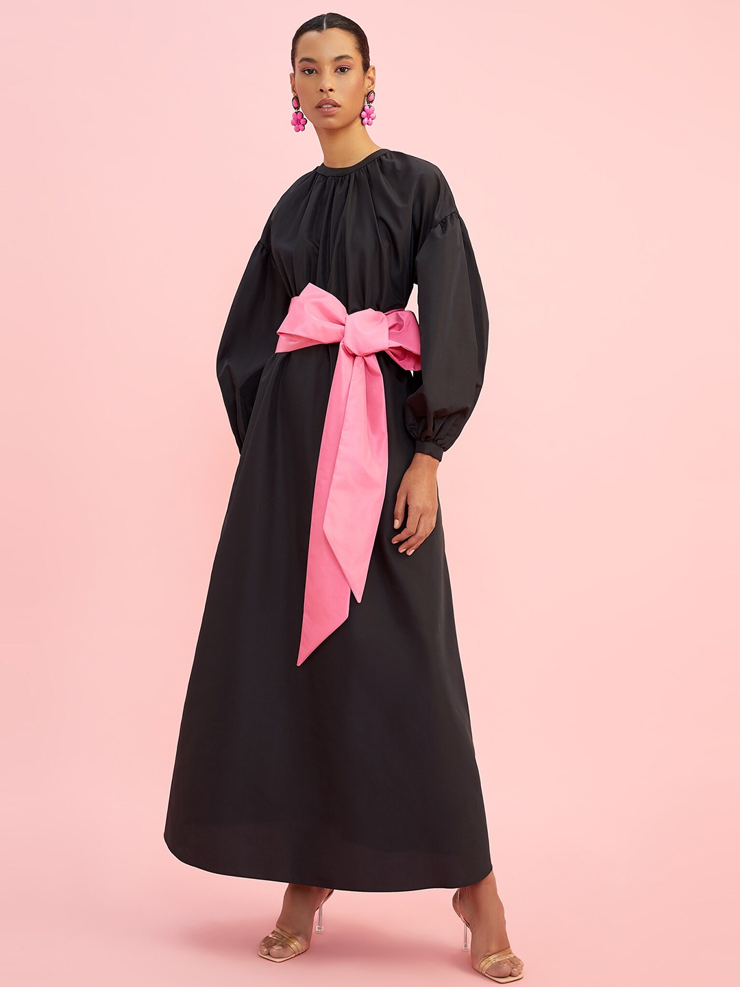 

DeFacto Puff Sleeves Bow-Detail Maxi Dress, Black