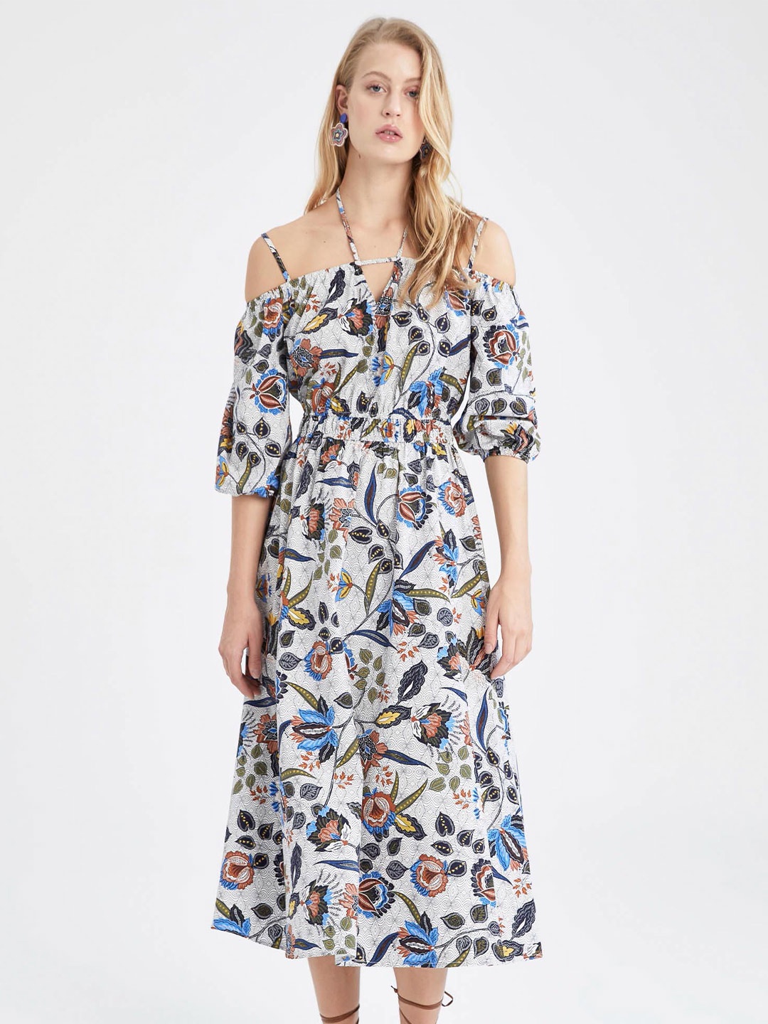 

DeFacto Floral Printed Off-Shoulder Midi Dress, Grey