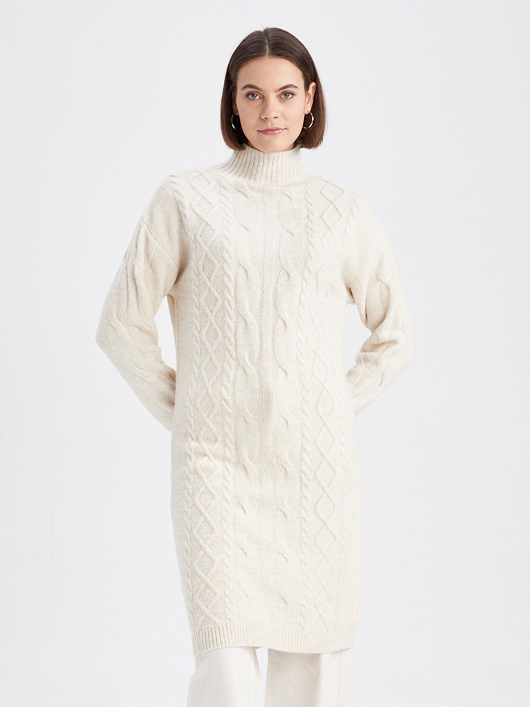 

DeFacto Self Design Long Line Jumper Dress, Off white