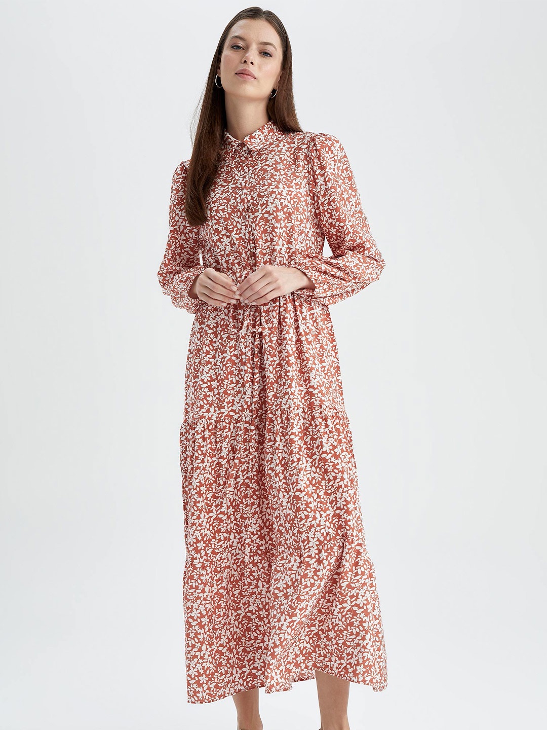 

DeFacto Floral Printed Shirt Midi Dress, Orange