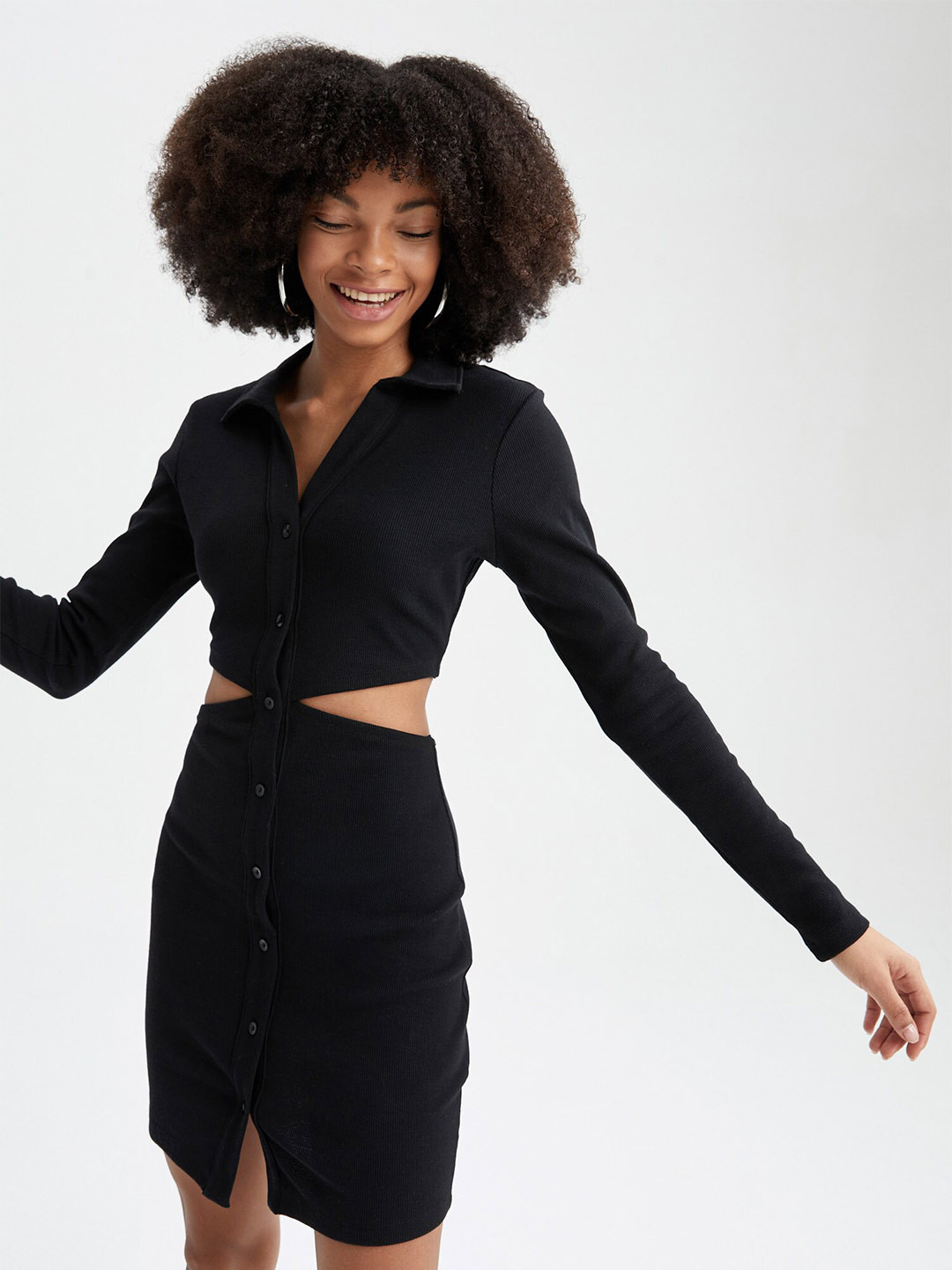 

DeFacto Long Sleeves Cut Outs Mini Shirt Dress, Black