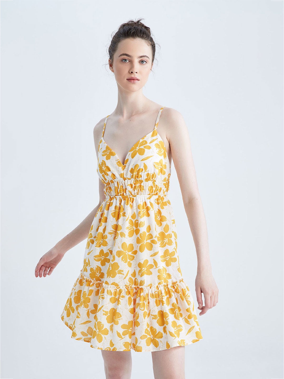 

DeFacto Floral Printed Pure Cotton Fit & Flare Dress, Yellow