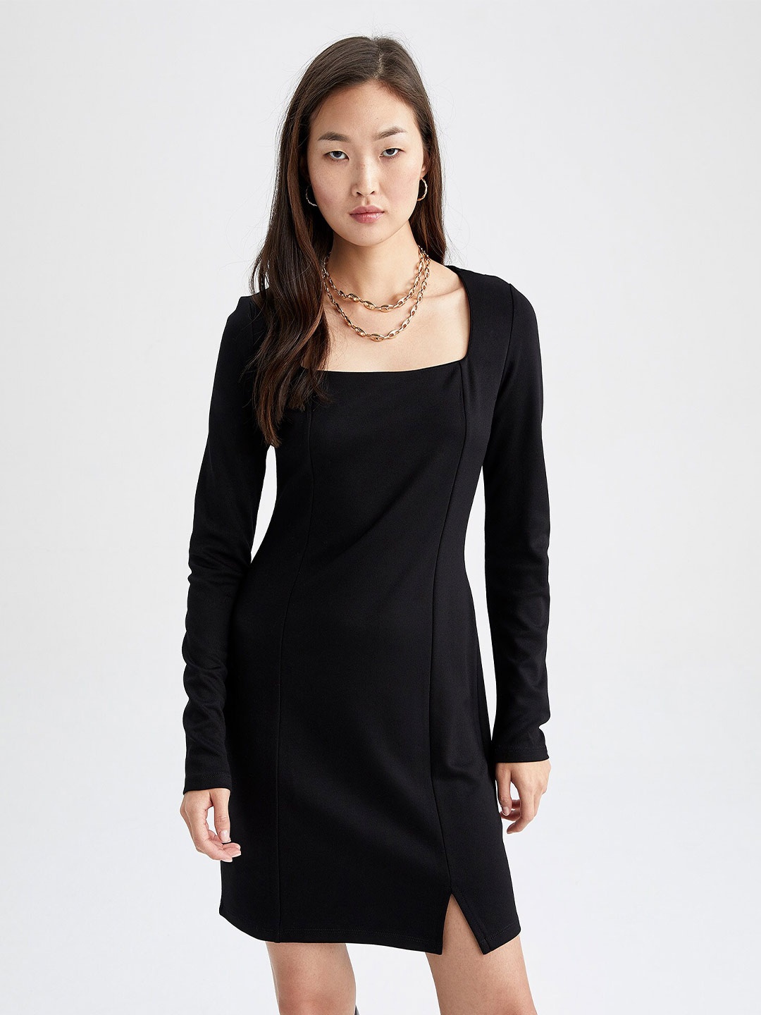 

DeFacto Square Neck Long Sleeves Sheath Dress, Black