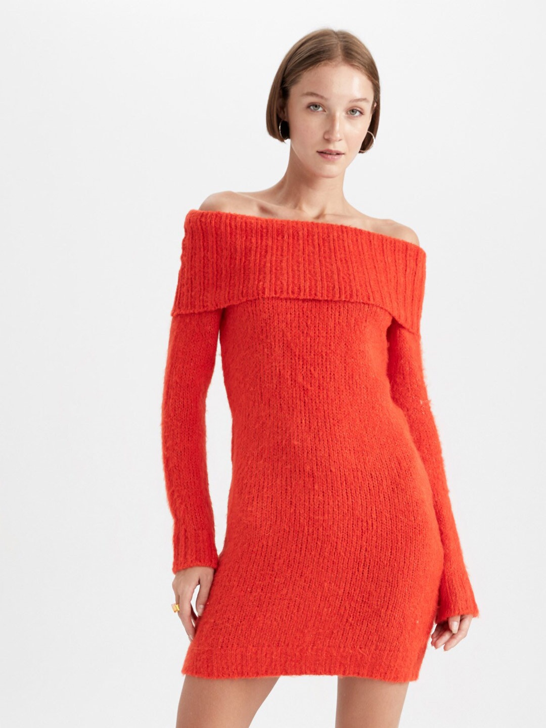 

DeFacto Self Design Off-Shoulder Mini Jumper Dress, Orange