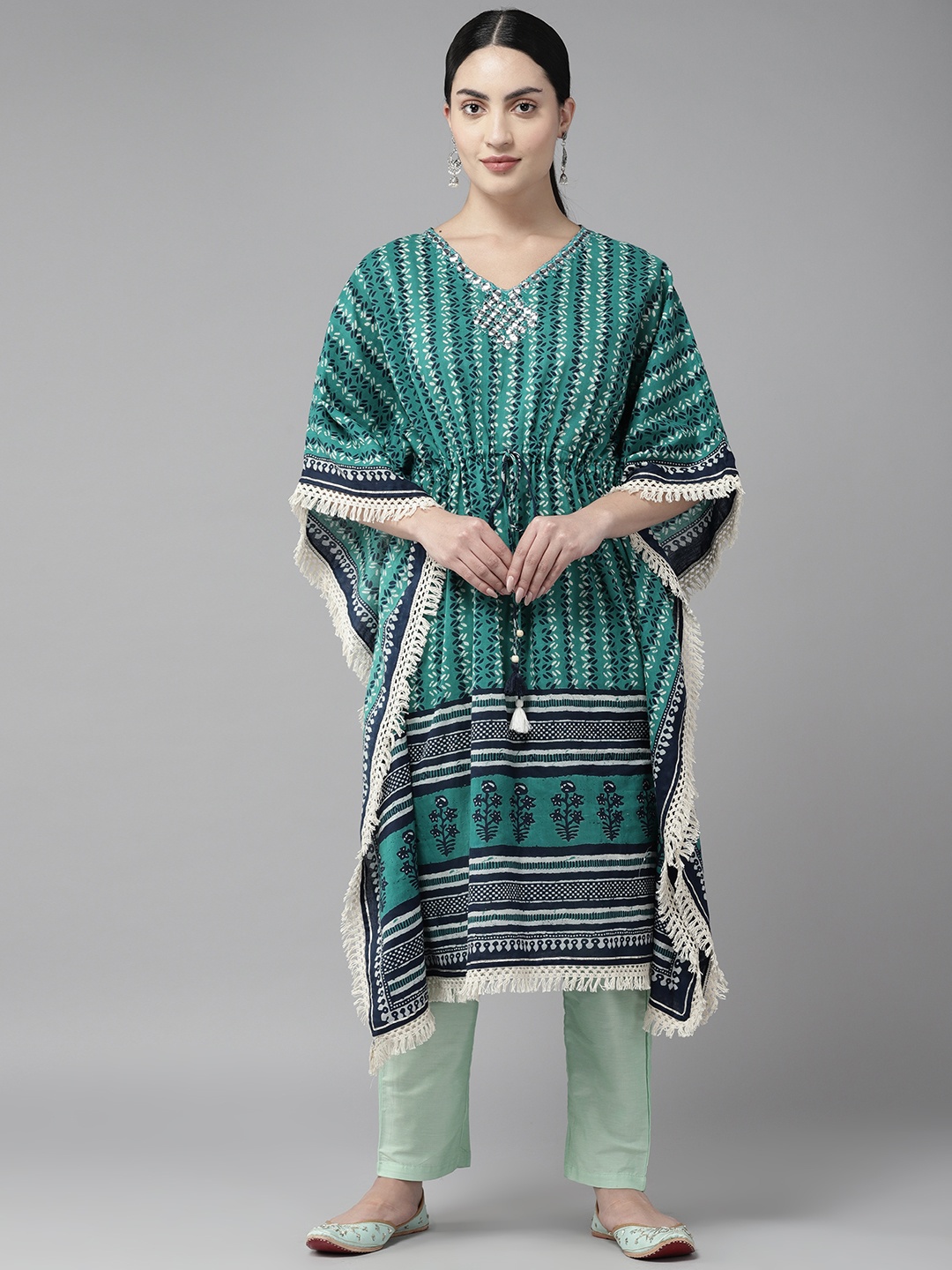 

Amirah s Women Printed Flared Sleeves Mirror Work Cotton Kaftan Kurta, Green