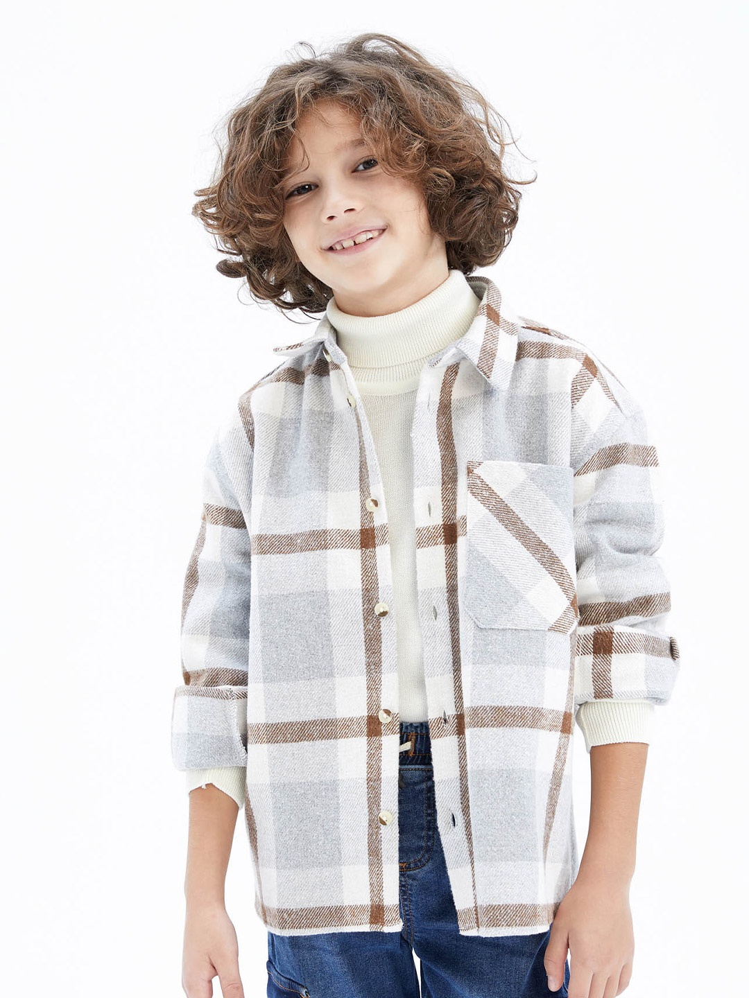 

DeFacto Boys Windowpane Checked Casual Shackets, Grey