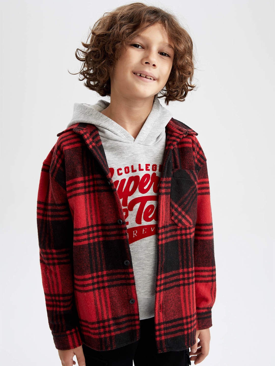 

DeFacto Boys Checked Hooded Casual Shacket, Red