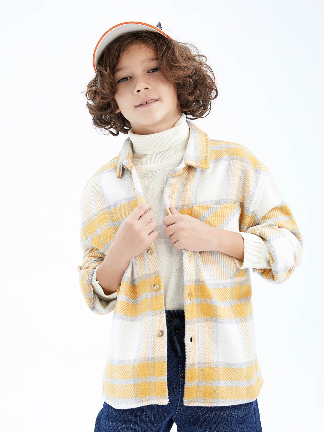 

DeFacto Boys Checked Cotton Casual Shacket, Mustard