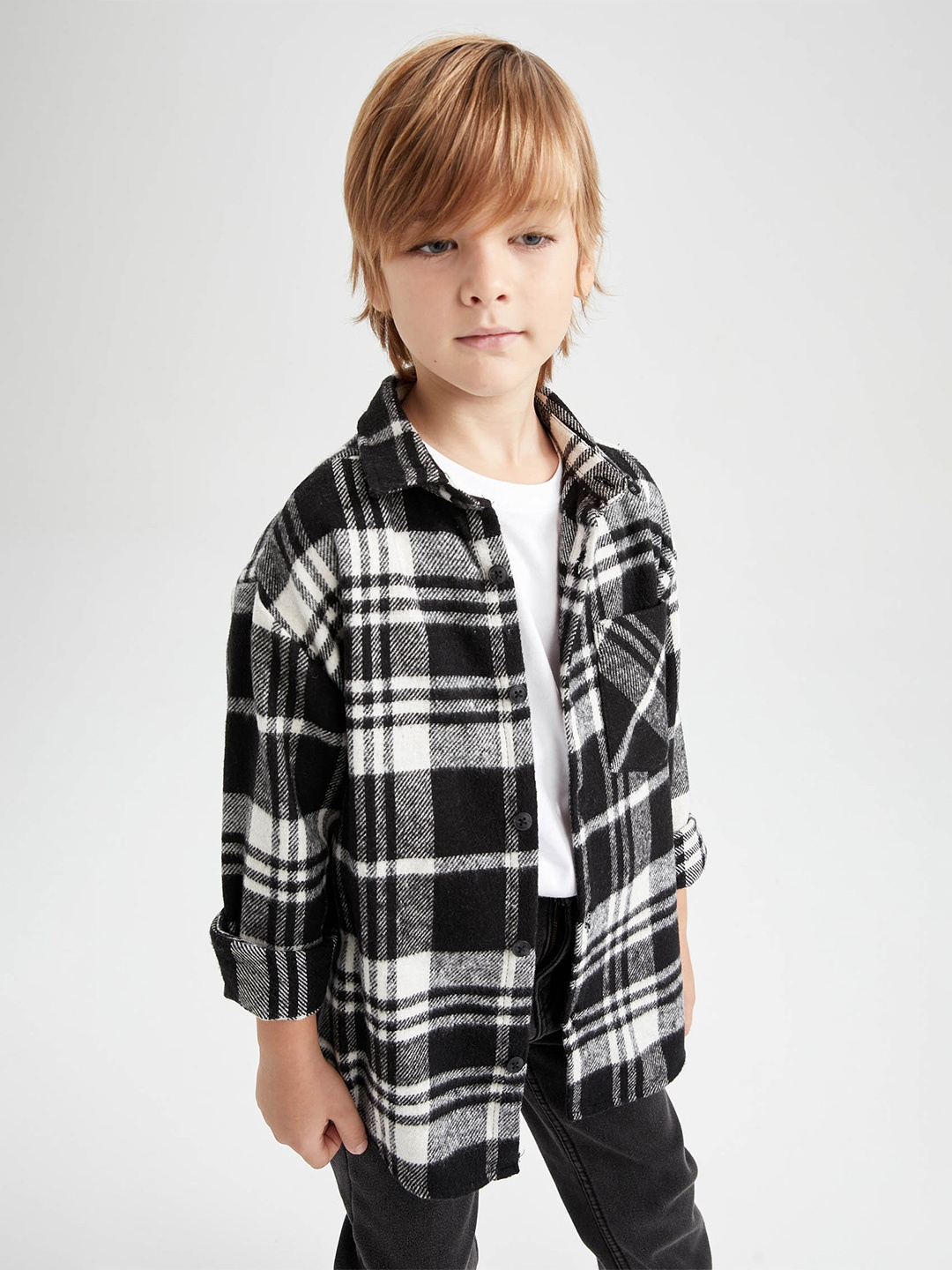 

DeFacto Boys Tartan Checked Casual Shacket, Black