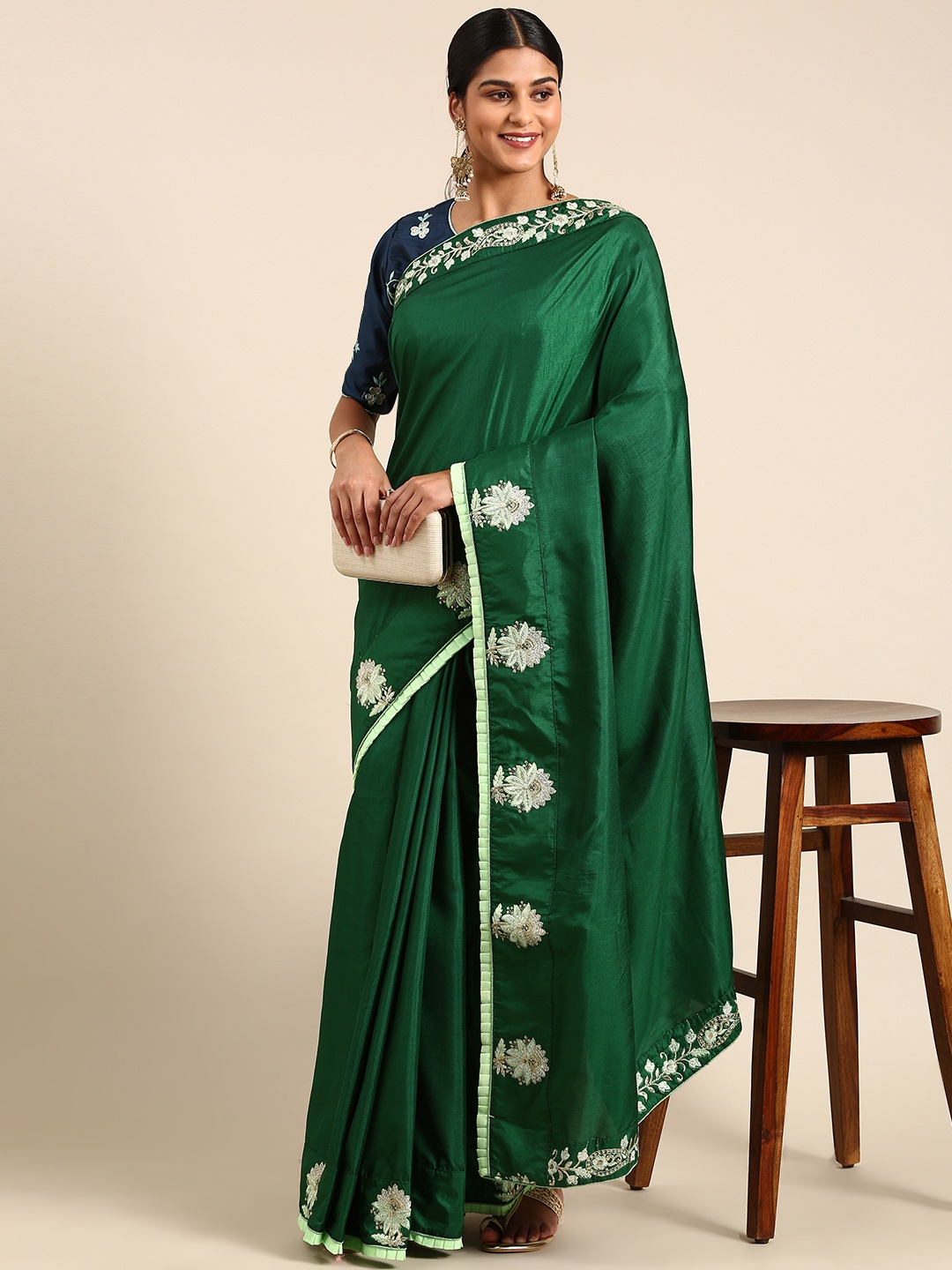 

RACHNA Poly Silk Embroidered Saree, Green