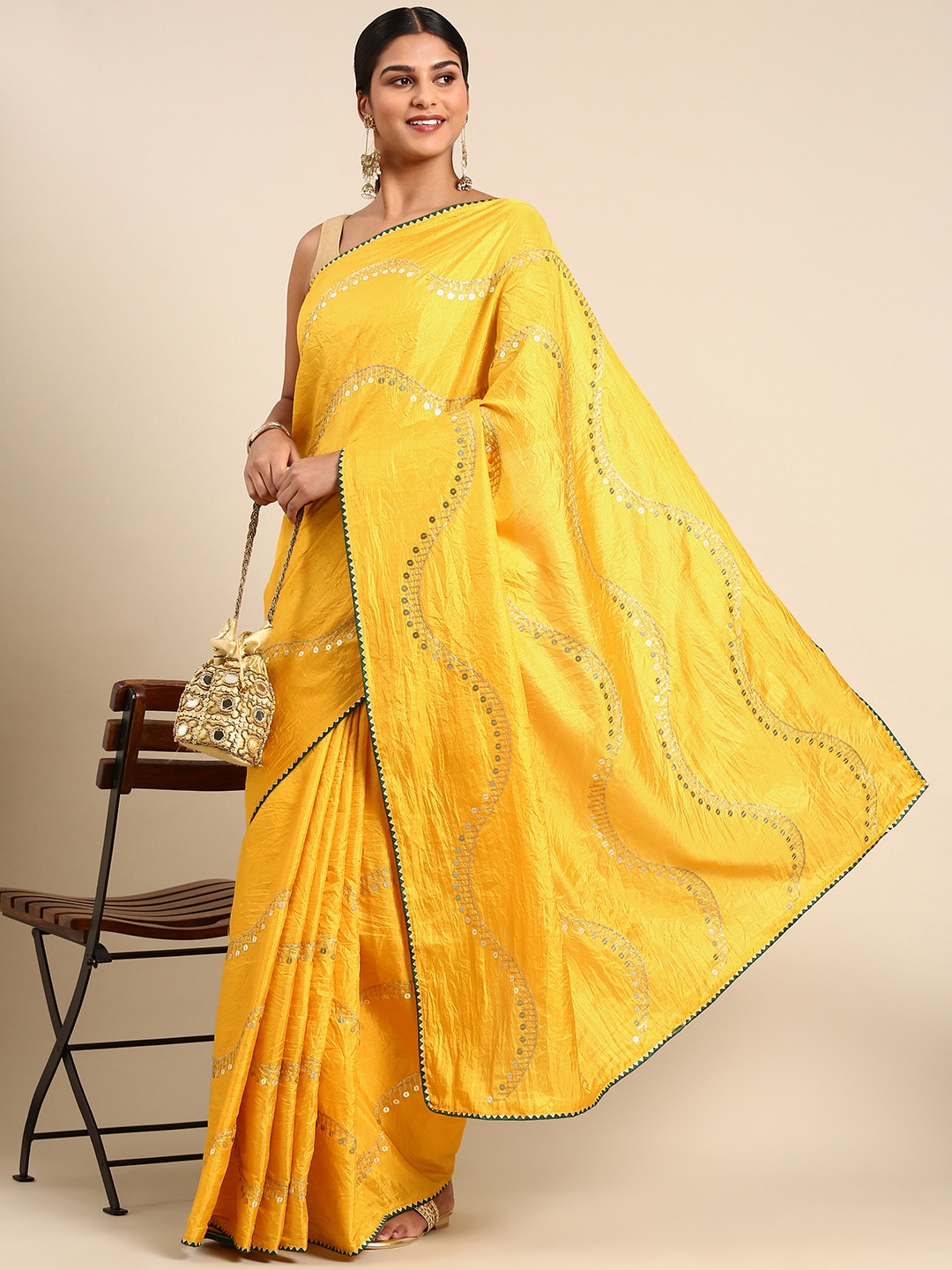 

RACHNA Poly Silk Embellished Sequinned Saree, Mustard