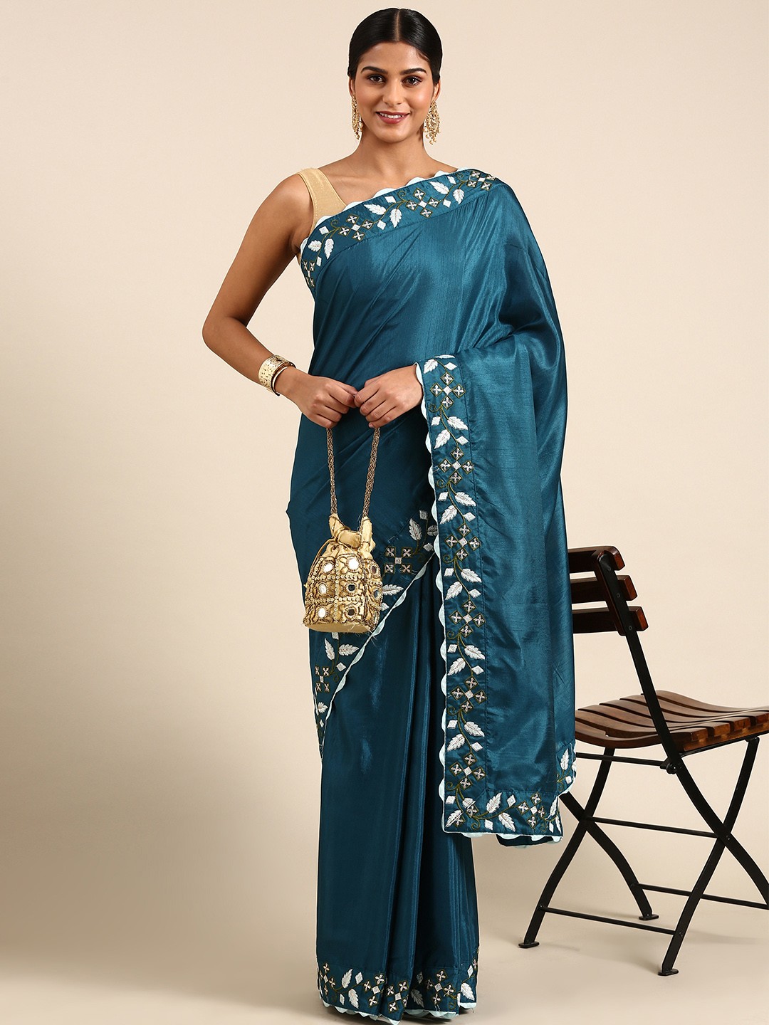 

RACHNA Poly Silk Embroidered Saree, Blue