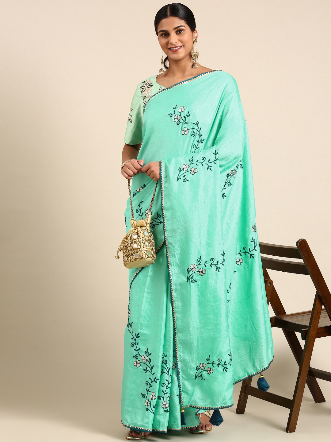 

RACHNA Poly Silk Embroidered Ethnic Motifs Gotta Patti Saree, Green
