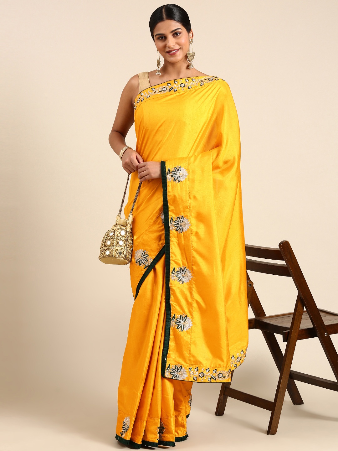 

RACHNA Poly Silk Embroidered Saree, Yellow