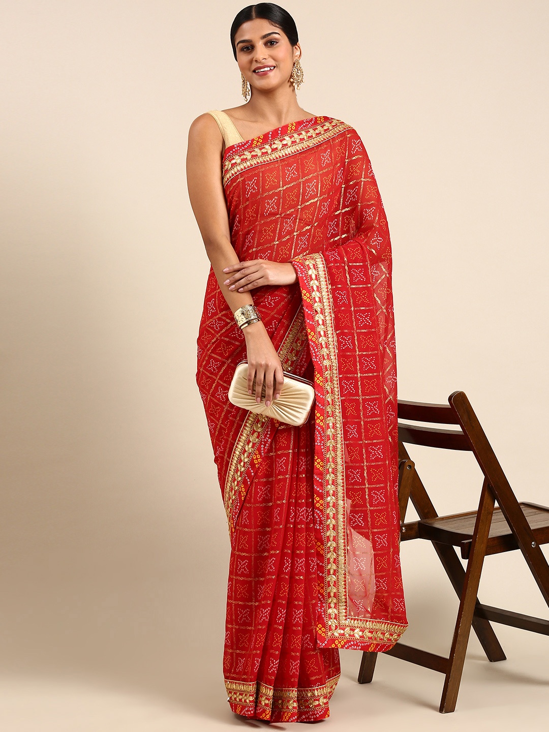 

RACHNA Poly Georgette Printed Embroidered Bandhani Saree, Red