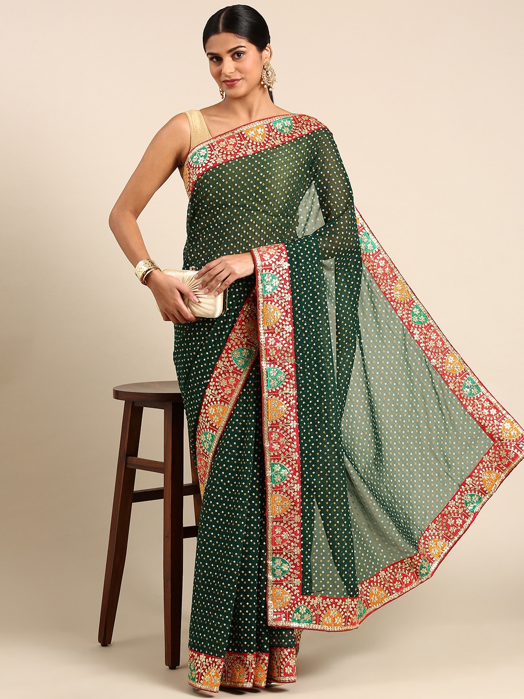 

RACHNA Poly Georgette Printed Embroidered Bandhani Saree, Green
