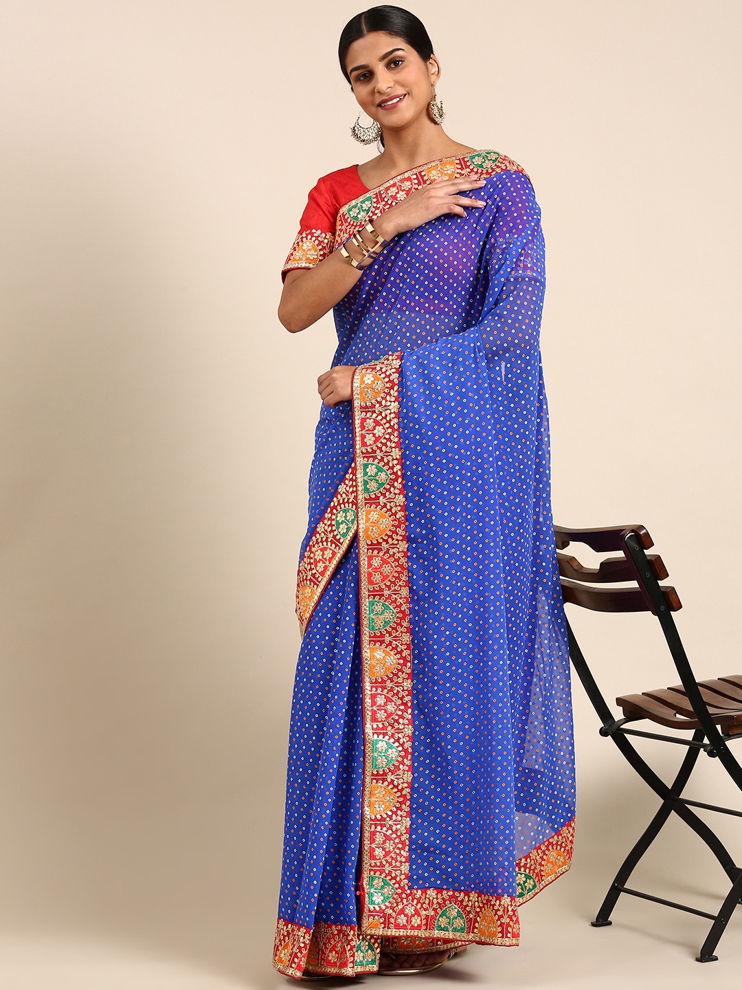 

RACHNA Poly Georgette Printed Embroidered Bandhani Saree, Blue