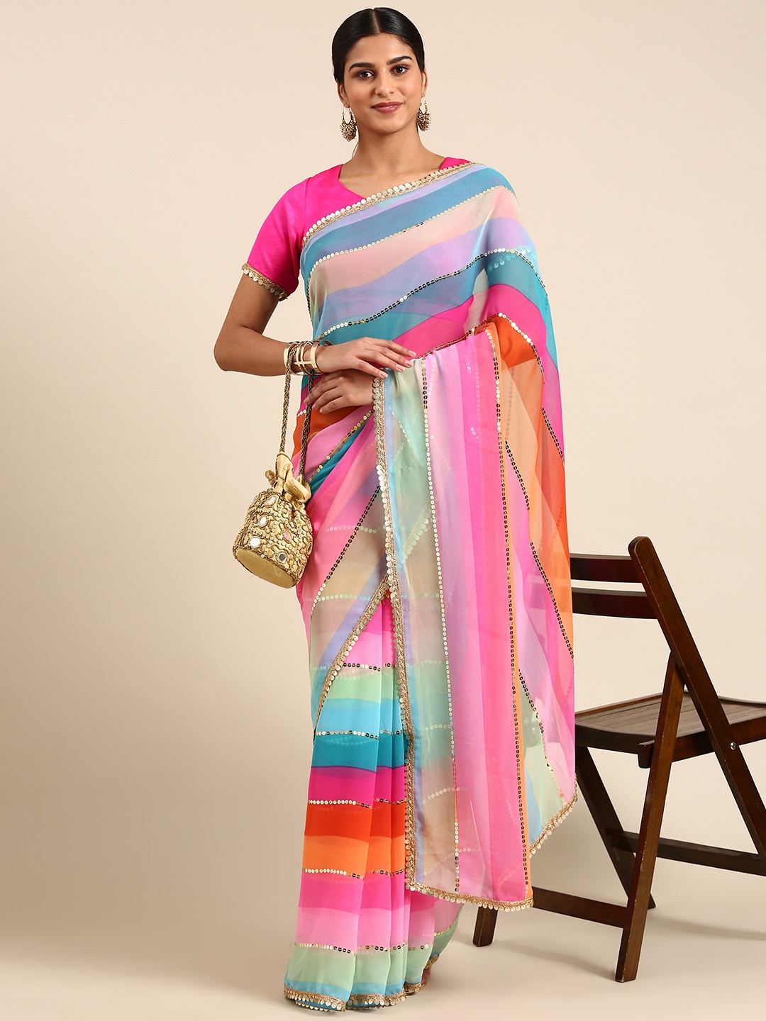 

RACHNA Embellished Striped Sequinned Saree, Multi