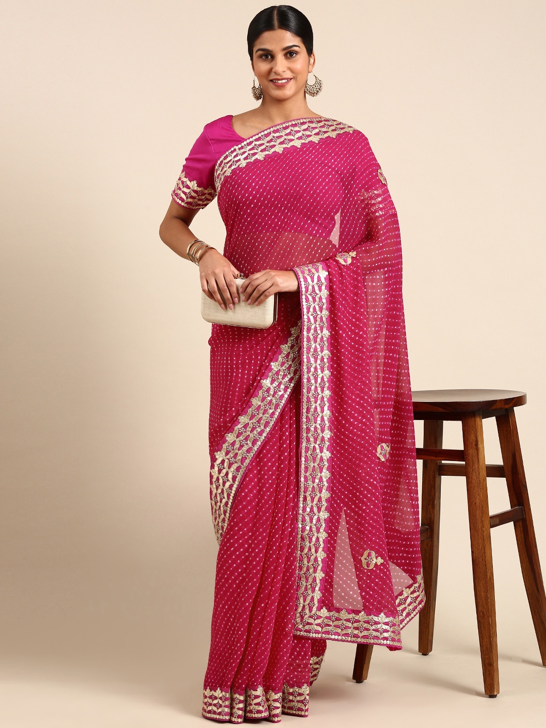 

RACHNA Poly Georgette Printed Embroidered Bandhani Saree, Pink