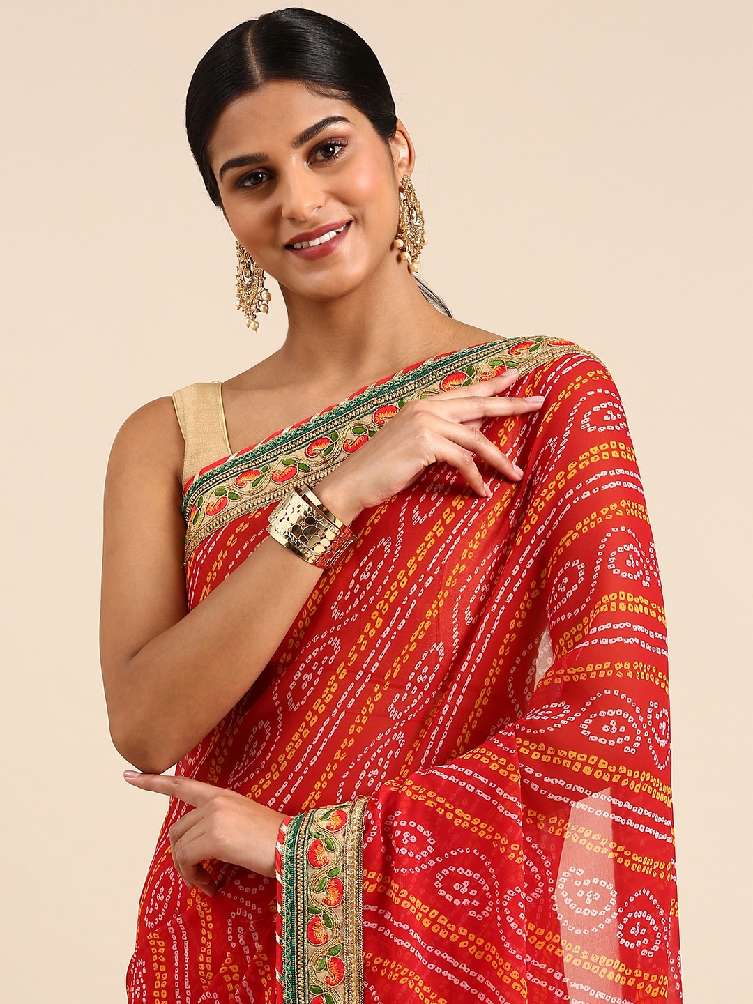 

RACHNA Poly Georgette Printed Embroidered Bandhani Saree, Red