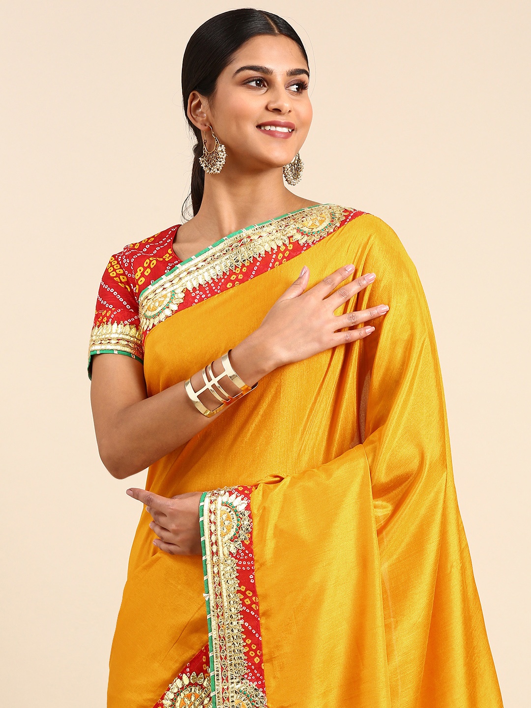 

RACHNA Poly Silk Embroidered Bandhani Saree, Mustard