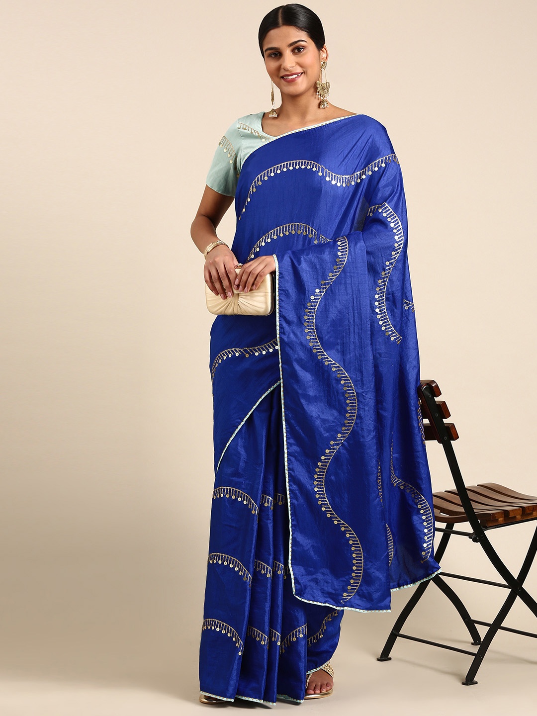 

RACHNA Poly Silk Embellished Sequinned Saree, Blue