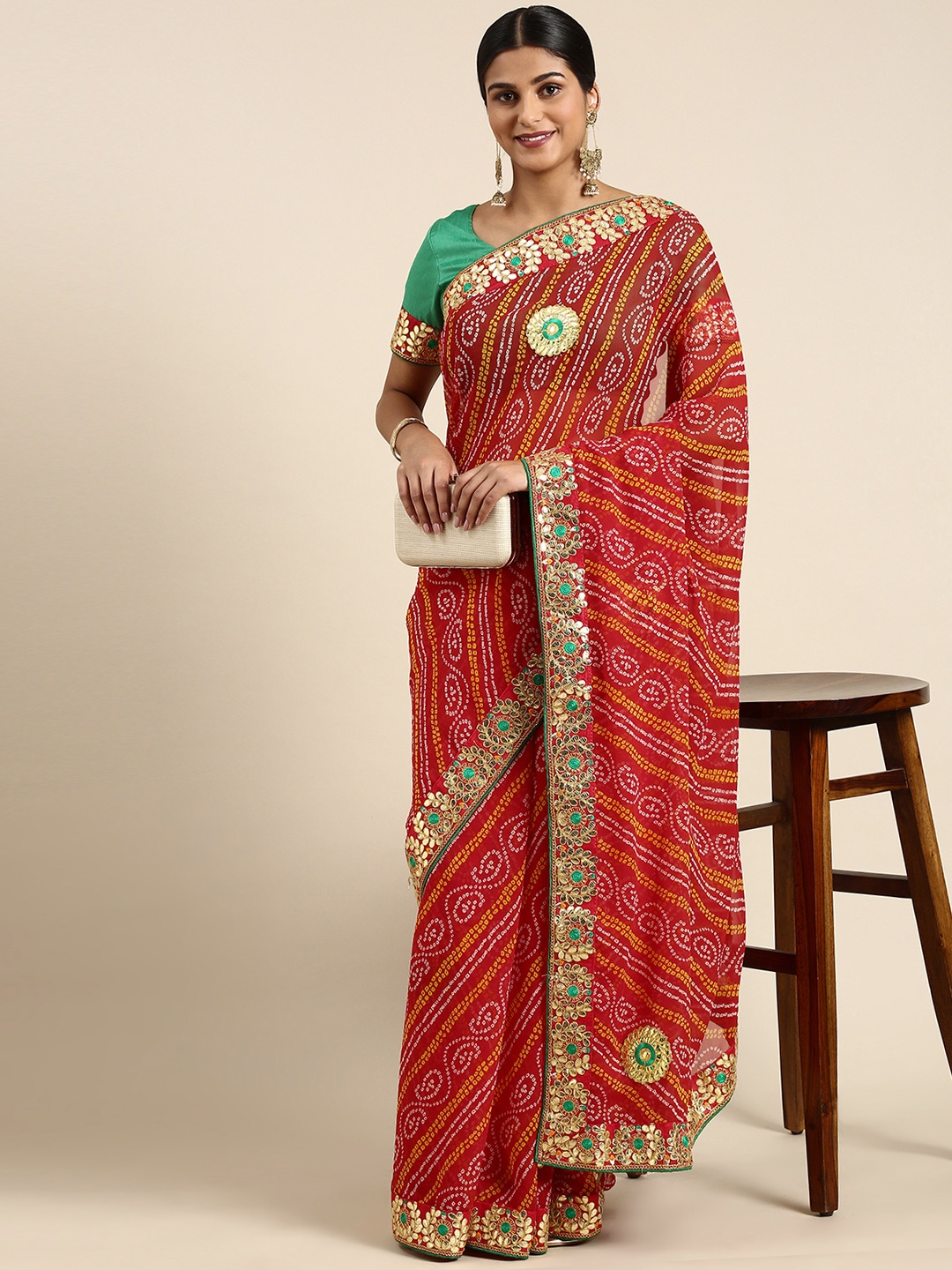 

RACHNA Poly Georgette Printed Embroidered Bandhani Saree, Red