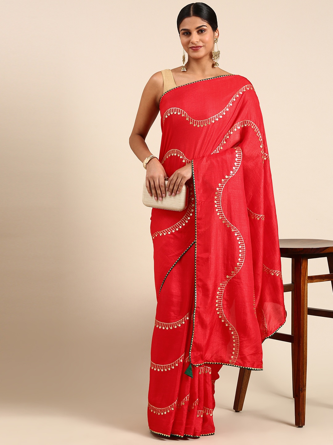 

RACHNA Poly Silk Embellished Sequinned Saree, Red