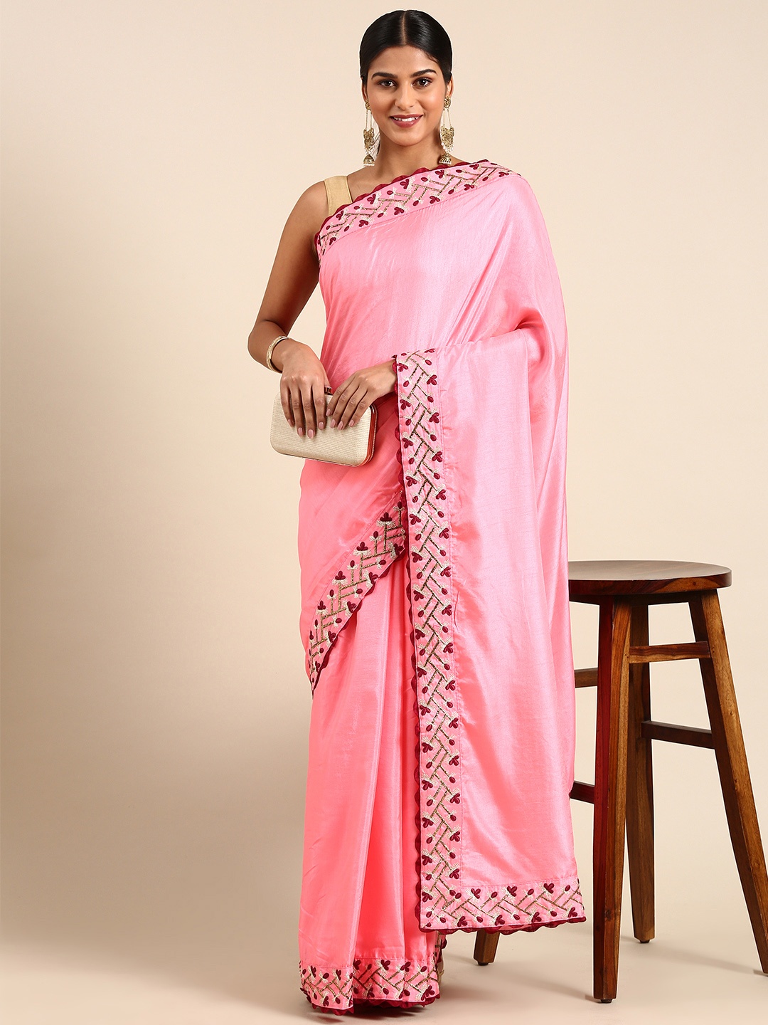 

RACHNA Poly Silk Embroidered Saree, Pink