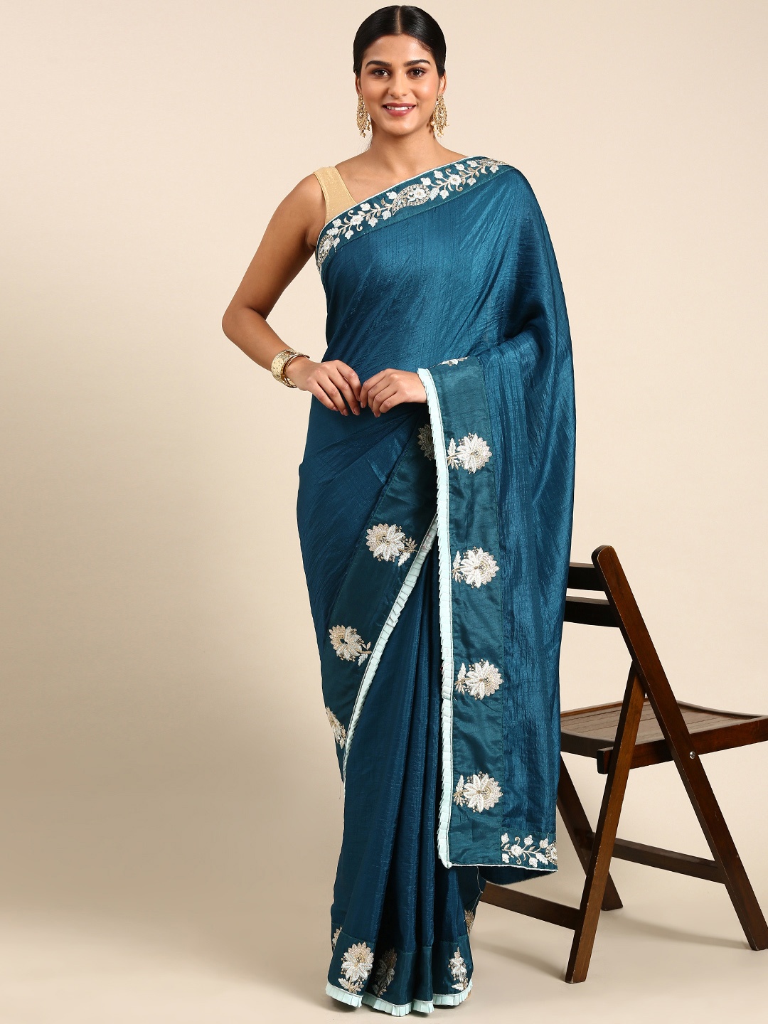 

RACHNA Poly Silk Embroidered Saree, Blue