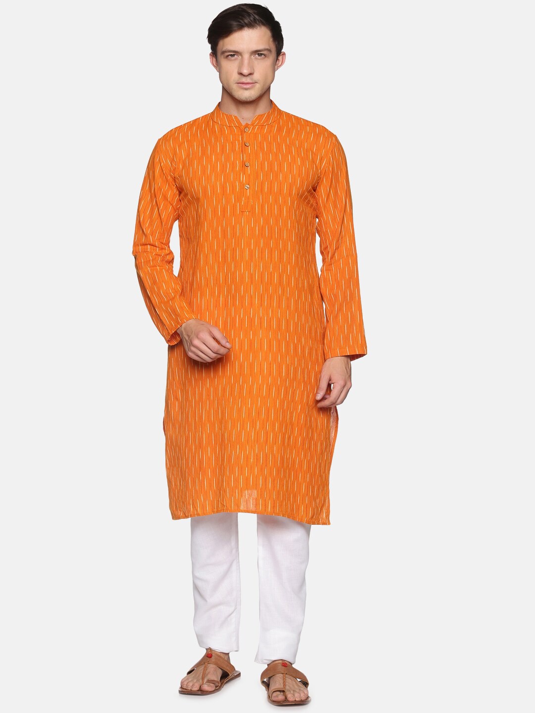 

PAROKSH Men Ikat Striped Cotton Kurta, Yellow