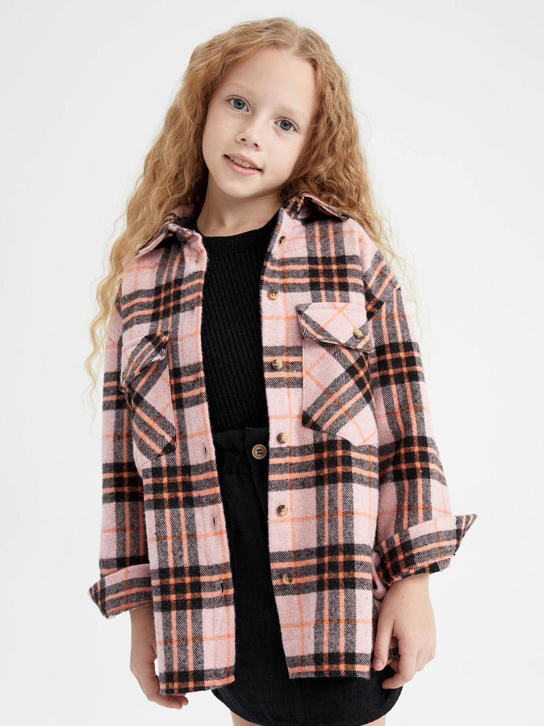 

DeFacto Girls Tartan Checked Casual Shacket, Pink