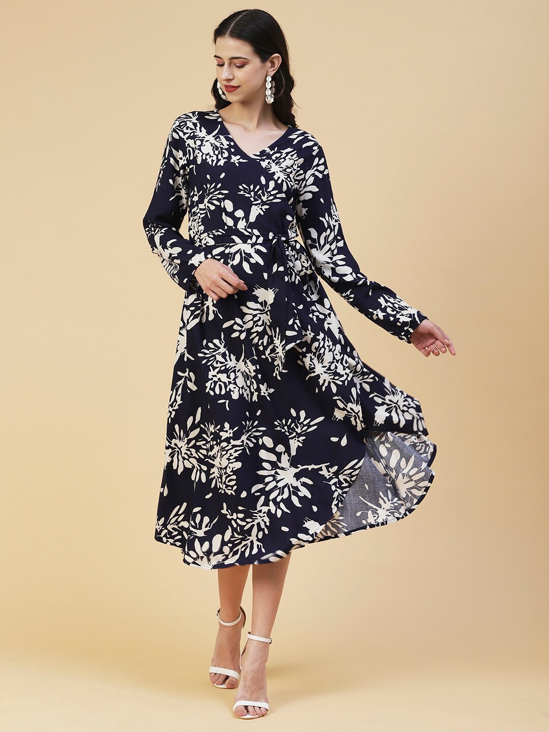 

FASHOR Floral Printed A-Line Midi Dress, Navy blue