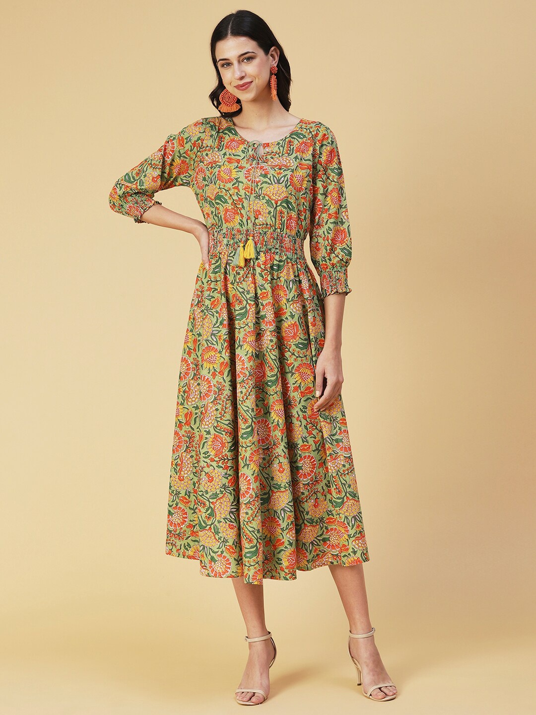 

FASHOR Floral Printed Cotton A-Line Dress, Green