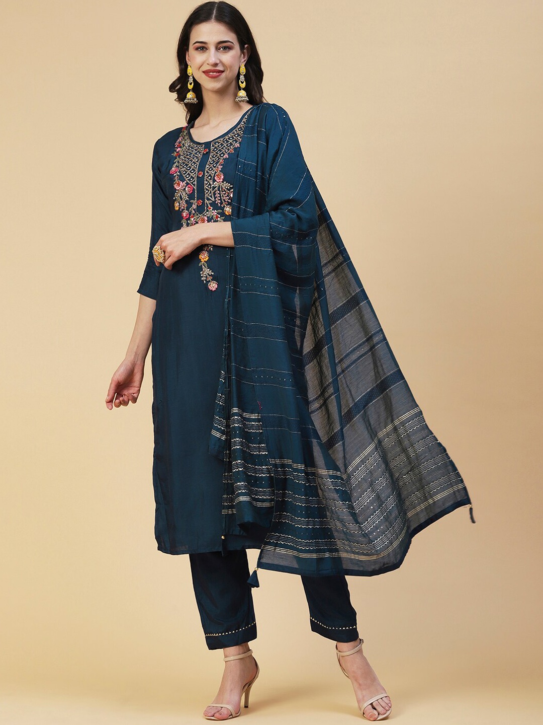 

FASHOR Embroidered Straight Kurta with Trousers & With Dupatta, Teal