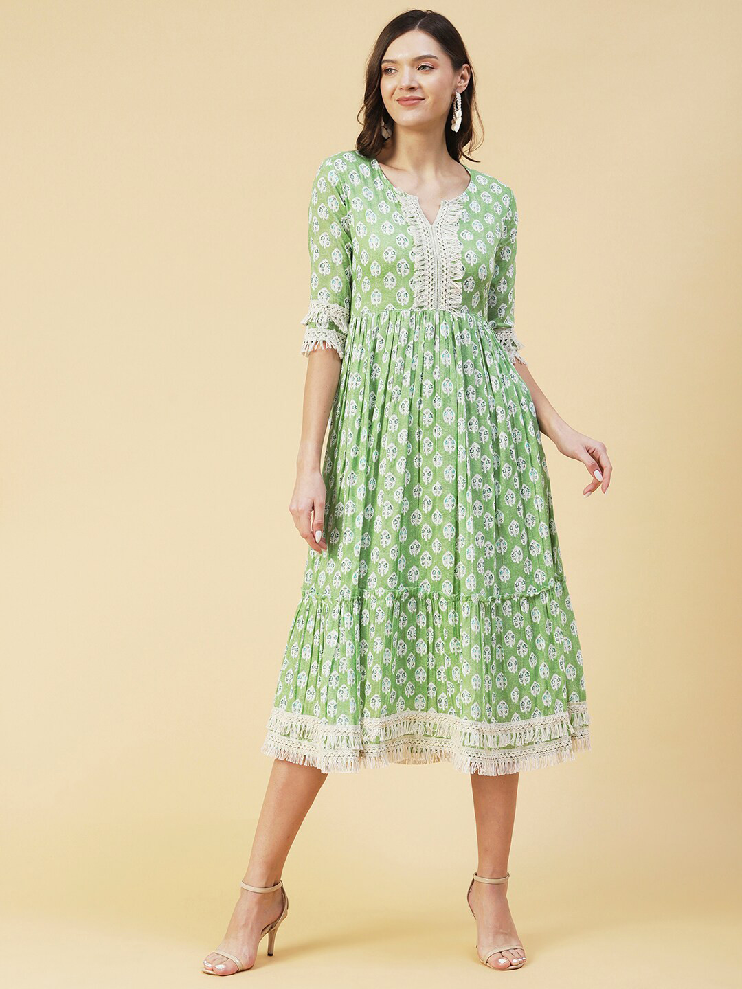 

FASHOR Ethnic Motifs Fringed A-Line Midi Dress, Green