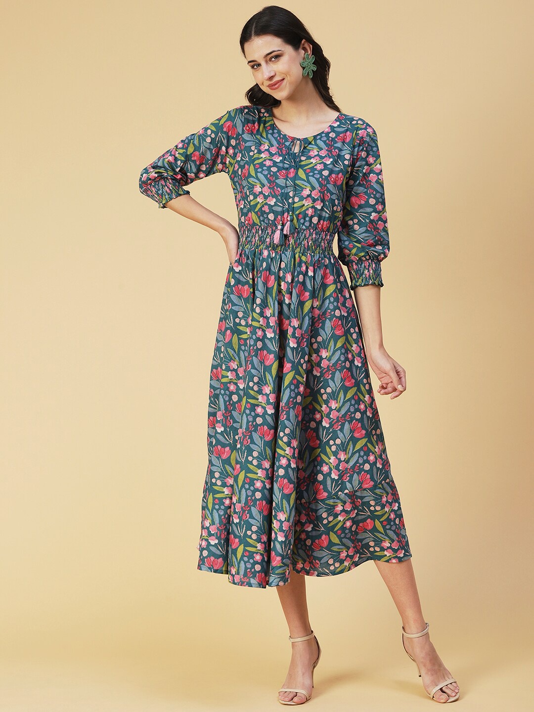 

FASHOR Floral Tie-Up Neck A-Line Midi Cotton Dress, Teal