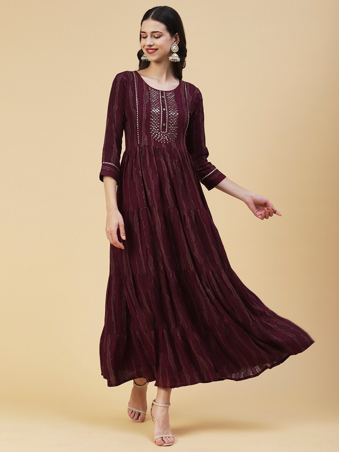 

FASHOR Tie And Dye Embellished Maxi Ethnic Dress, Maroon
