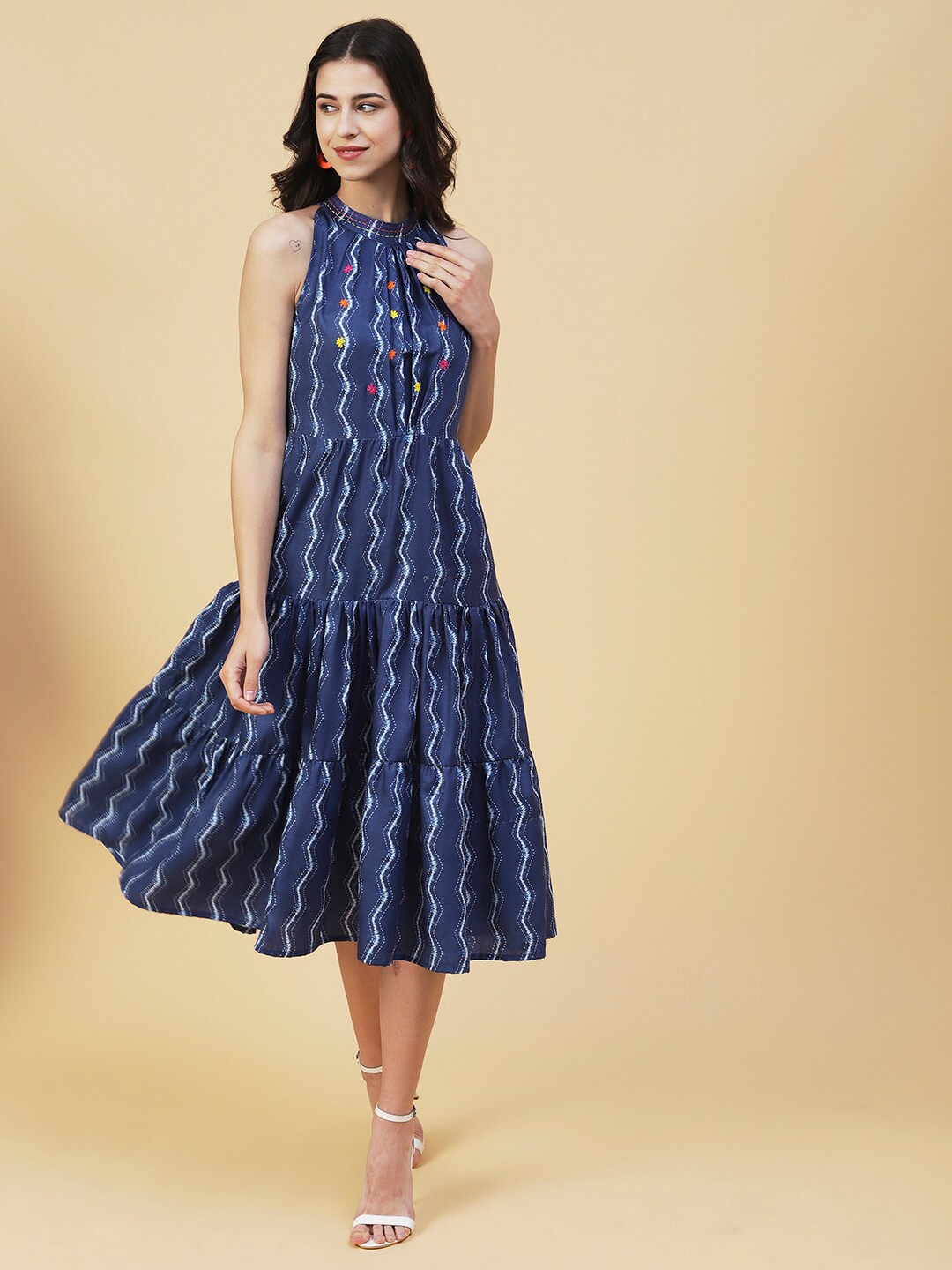 

FASHOR Chevron Printed Mock Neck Fit & Flare Dress, Blue