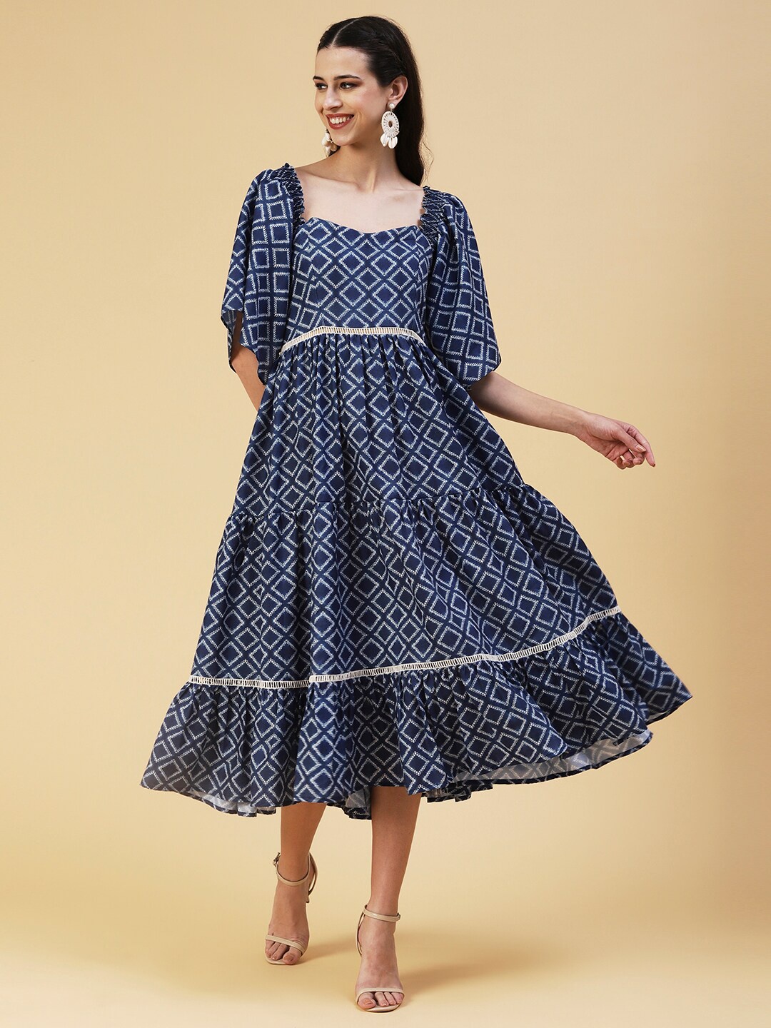 

FASHOR Printed Square Neck Fit And Flare Midi Dress, Blue