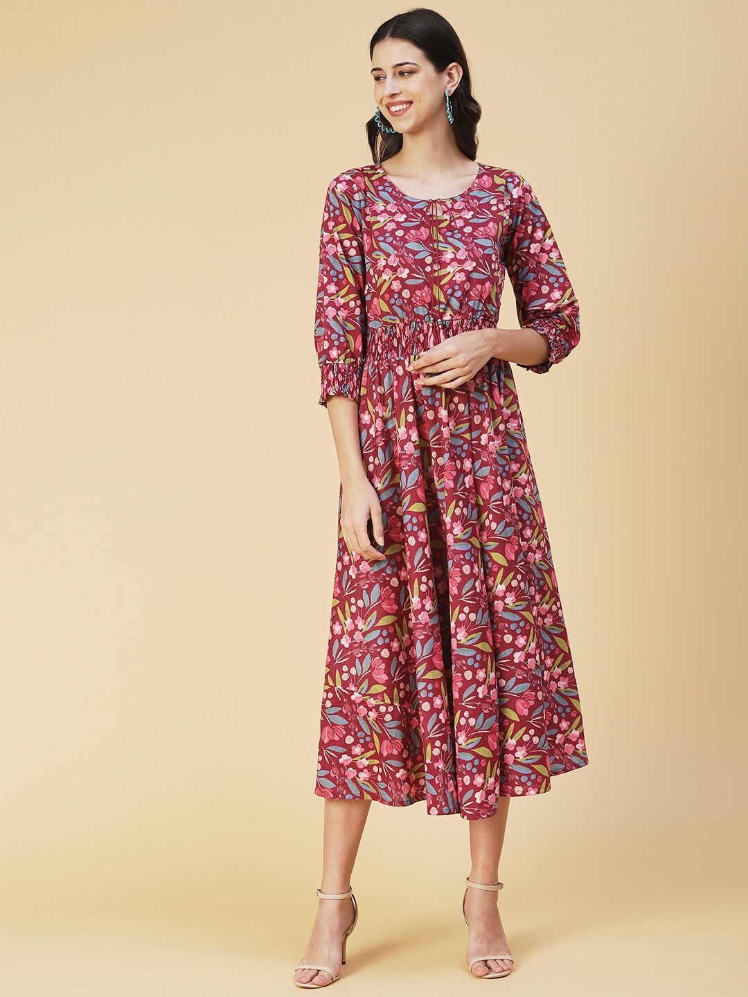 

FASHOR Floral Printed Tie-Up Neck A-Line Cotton Midi Dress, Mauve