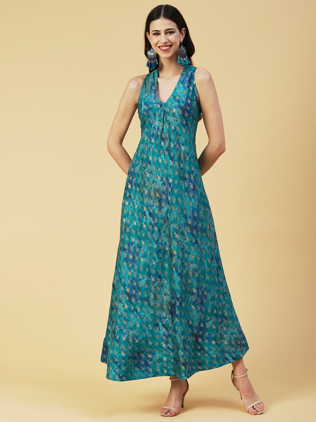 

FASHOR Ethnic Motifs Silk A-Line Maxi Dress, Turquoise blue