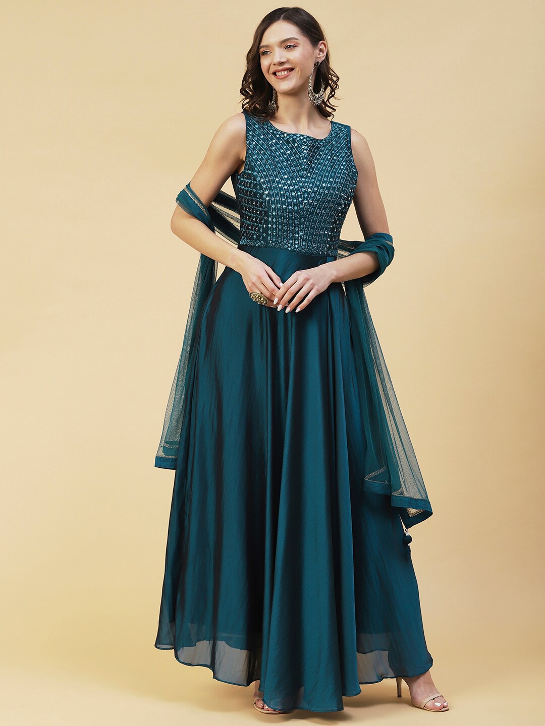 

FASHOR Embellished Silk Maxi Dress, Teal