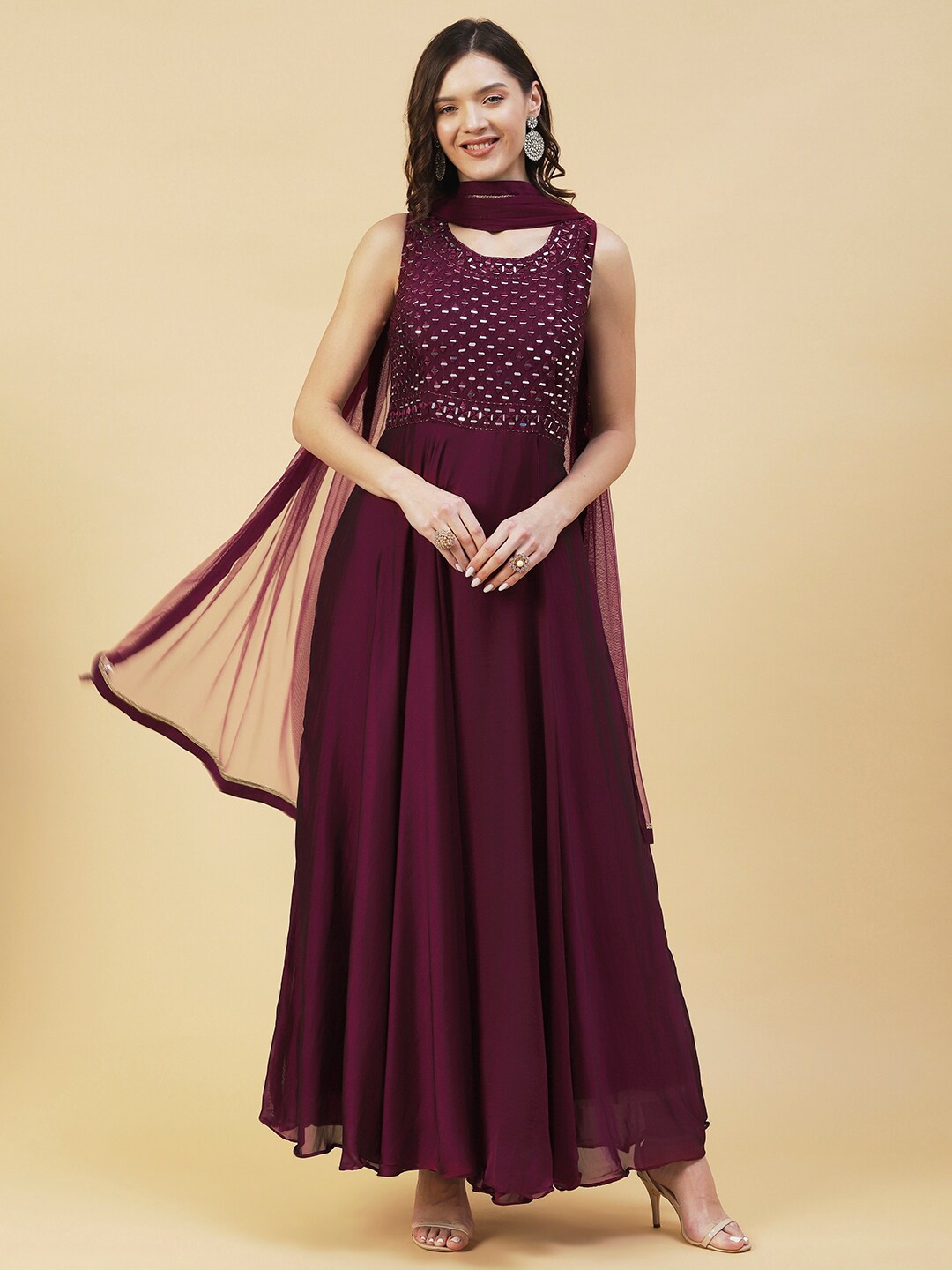 

FASHOR Ethnic Motifs Embroidered Maxi Ethnic Dress With Dupatta, Burgundy