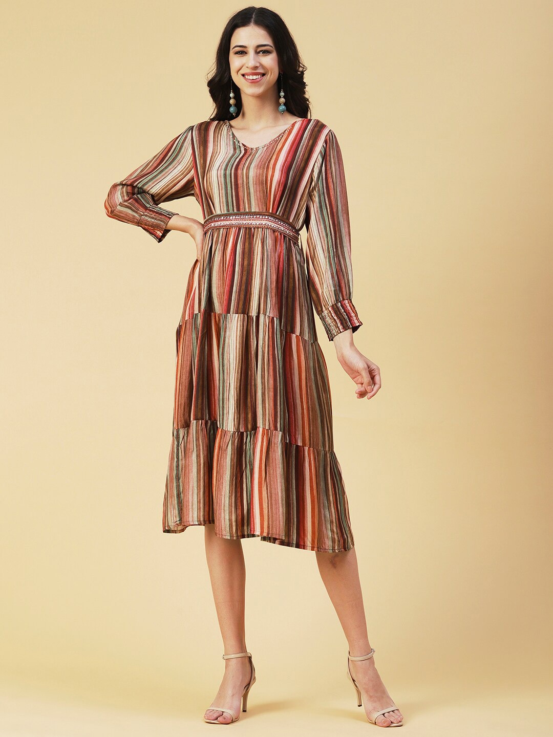 

FASHOR Striped A-Line Midi Dress, Brown