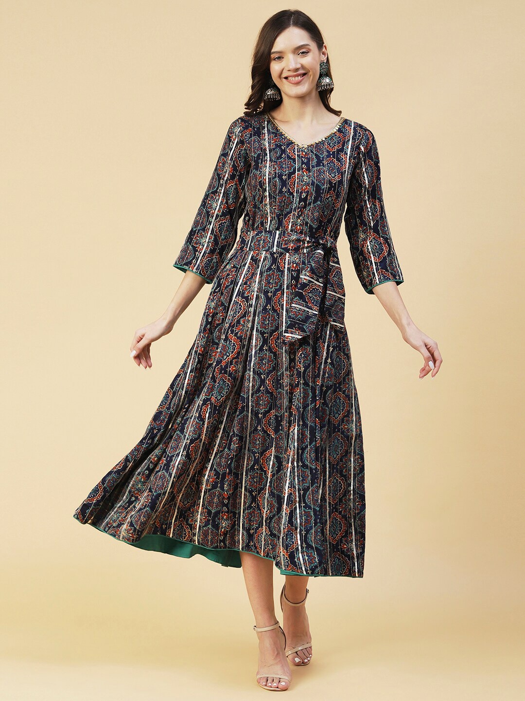 

FASHOR Ethnic Motifs A-Line Midi Dress, Navy blue