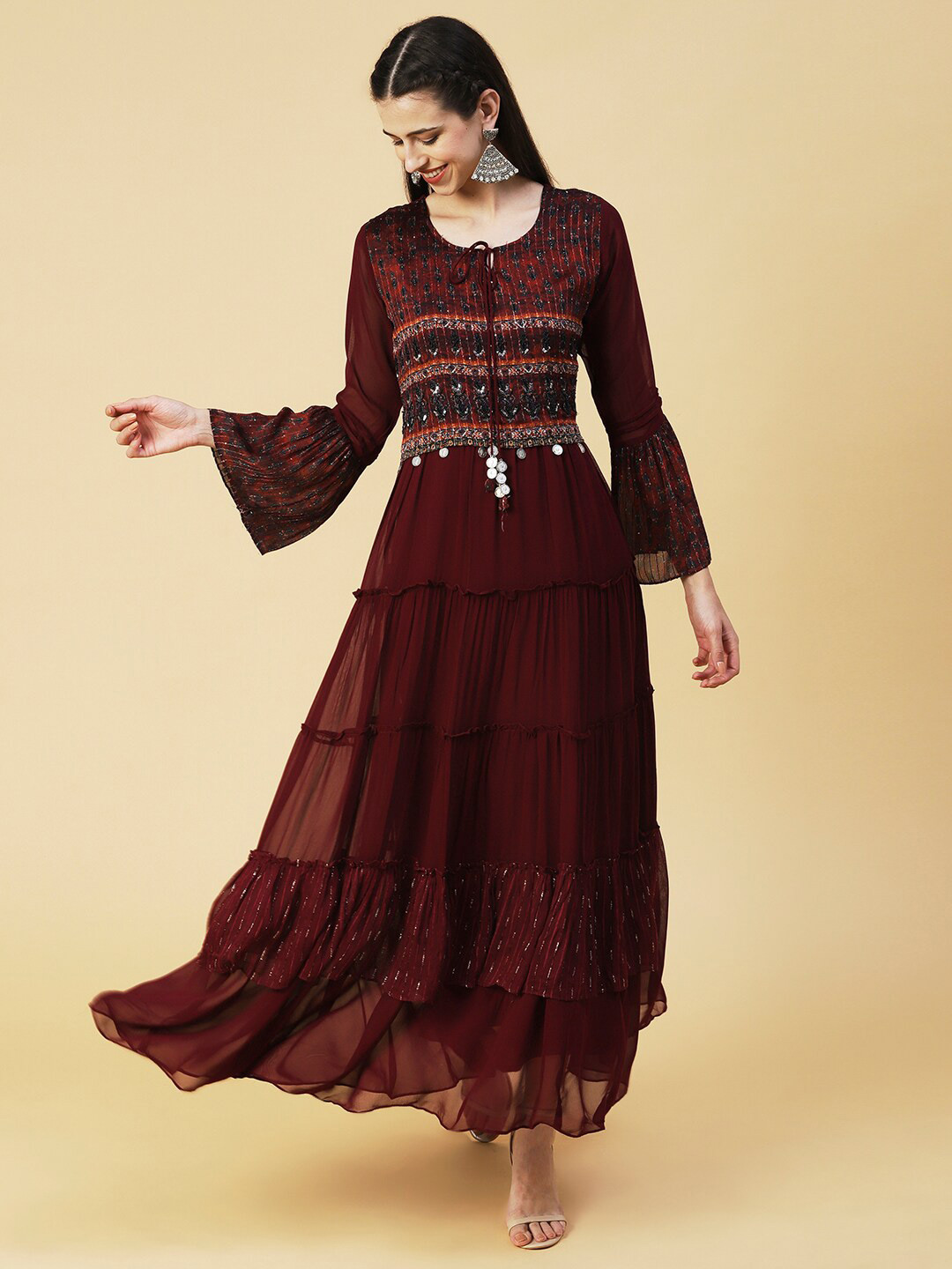 

FASHOR Embellished Tie-Up Neck Georgette Maxi Dress, Maroon