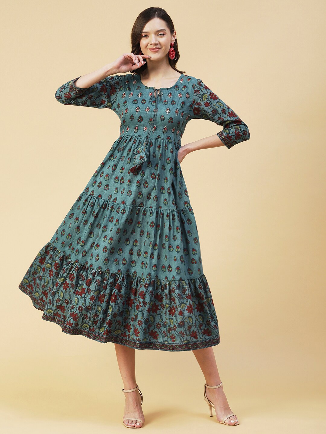 

FASHOR Floral Tie-Up Neck A-Line Midi Cotton Dress, Green