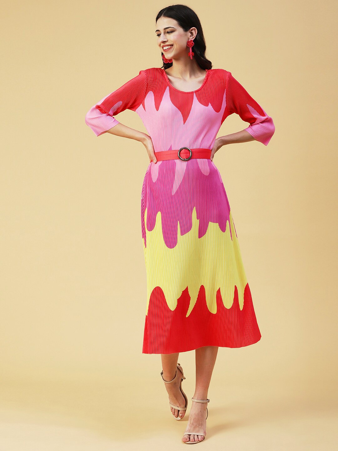 

FASHOR Belted Colourblocked A-Line Midi Dress, Red